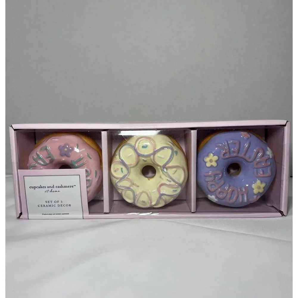 Cupcakes and Cashmere Easter  Ceramic Donuts Pink‎ Purple Yellow Set Of 3 NIB